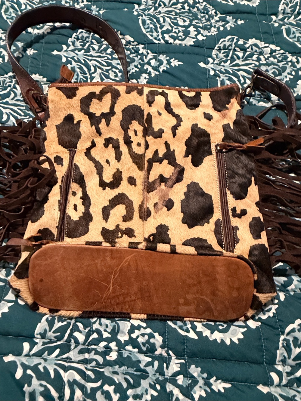 Leopard Print Fringe Leather Shoulder Bag - Brown